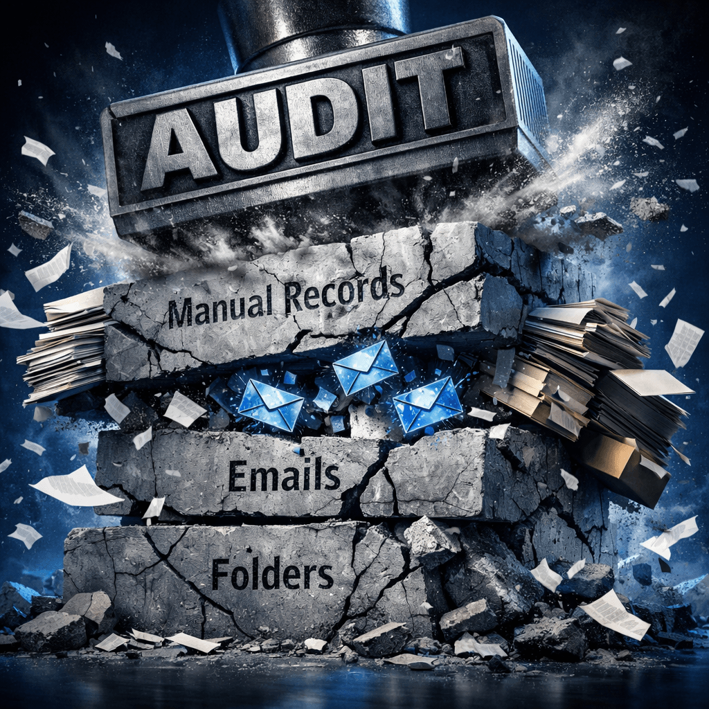A cracked compliance structure labeled “manual records,” “emails,” and “folders” breaking under audit pressure.