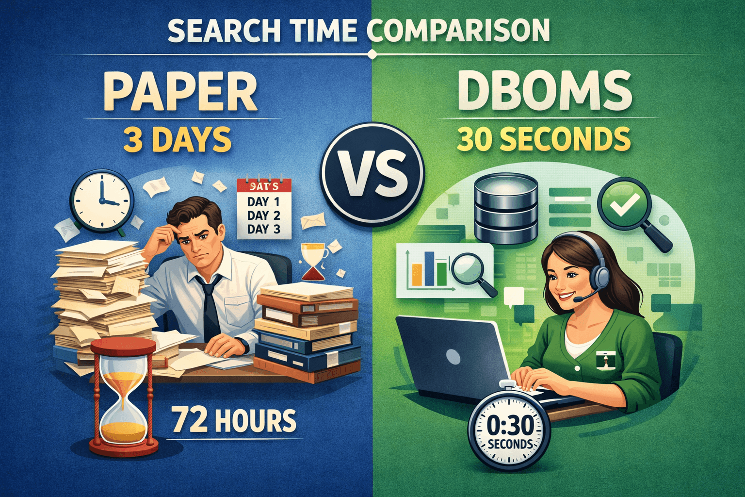Search-time comparison graphic — Paper (3 days) vs DBOMS (30 seconds).